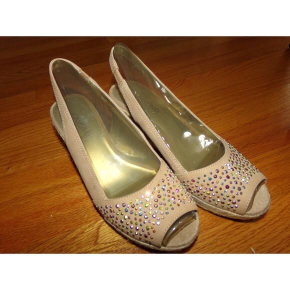 Joan & David 2 taupe leather raffia wedge peep toe sandals size 7 New no‎ Box - Picture 1 of 6